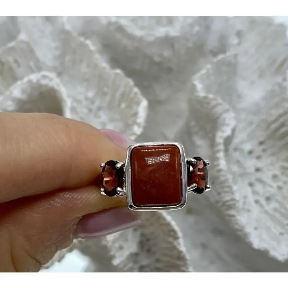 925 Sterling Silver Agate & Garnet Ring Size 9.5